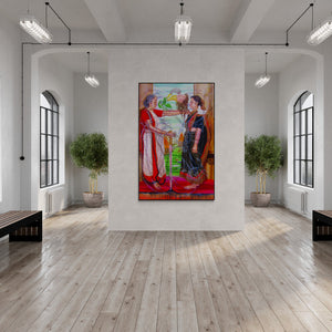 Sumana Som's painting 'Dramatic Dream (Hatching Dreams)' displayed in a modern living room setting