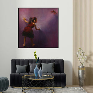 Pramod Kurlekar's 'Draw Wings (Urban Tapestry)' painting visualized above a sofa in a contemporary room.