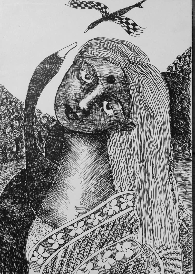 Figurative pen ink drawing titled 'Drawing V', 14x9 inches, by artist Sambuddha Gupta on Paper