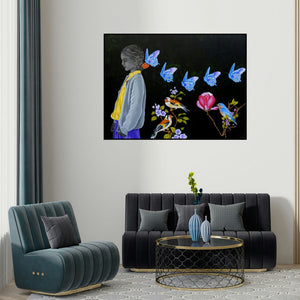 Deepali S's 'Dream' painting visualized above a sofa in a contemporary room.