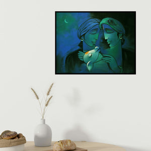 Navnath Chobhe's 'Dream' painting visualized above a sofa in a contemporary room.