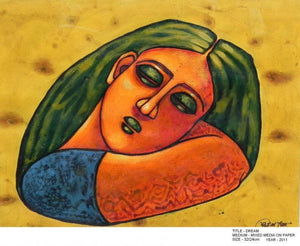 Dream (Contemplation) by Deblina Ghosh Mitra, Original Mixed Media Figurative Painting on Paper, X-Small Horizontal Wall Art