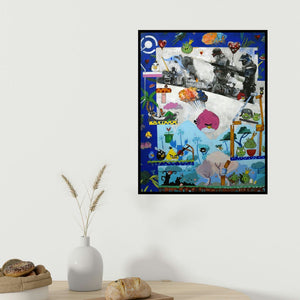 Jasleen Singh's 'Dream As A Child (Collision of Worlds)' painting visualized above a sofa in a contemporary room.