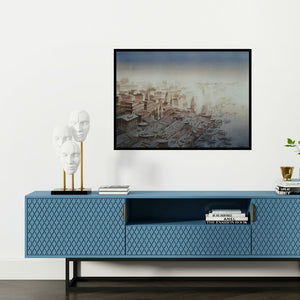 Preview of 'Dream City 2 (Varanasi Morning Mist)' Painting by Subir Dey shown on a wall in a furnished room.