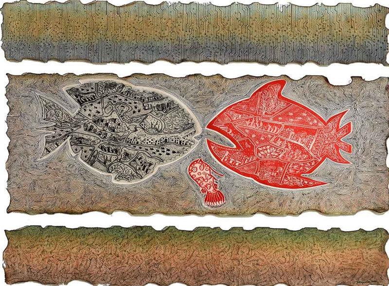 Animals mixed media painting titled 'Dream City Aquarium 6', 17x23 inches, by artist Bitarka Majumder on Acid Free Paper