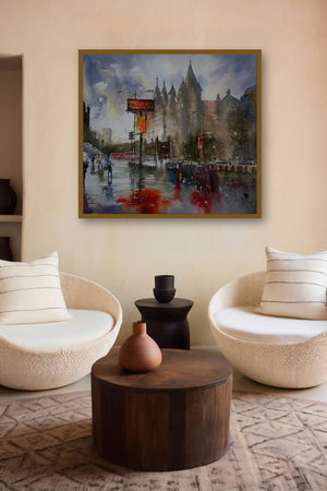 Dream City In Rain (Monsoon Magic: Mumbais Skyline) by artist Sanjay Dhawale displayed in a Curated gallery