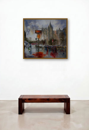 Dream City In Rain (Monsoon Magic: Mumbais Skyline) by artist Sanjay Dhawale displayed in a Elegant Lounge