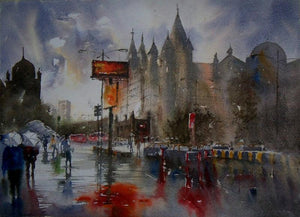 Dream City In Rain (Monsoon Magic: Mumbais Skyline) by Sanjay Dhawale, Original Watercolor Cityscape Painting on Handmade Paper, Small Horizontal Wall Art