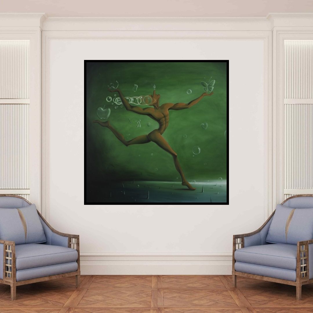 In-situ view of Dewakar Chandran's 'Dream Defender (A Leap of Joy)' painting in a room