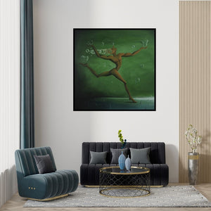 Preview of 'Dream Defender (A Leap of Joy)' Painting by Dewakar Chandran shown on a wall in a furnished room.