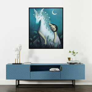 Uttam Bhattacharya's 'Dream Escape (Moonlit Serenata)' painting visualized above a sofa in a contemporary room.