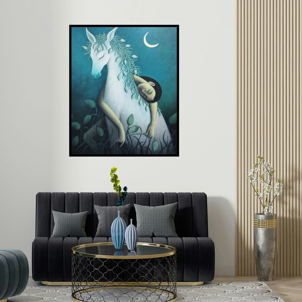 'Dream Escape (Moonlit Serenata)' painting by Uttam Bhattacharya shown on a wall in a furnished room.