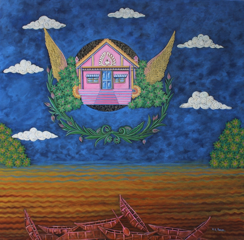 Dream House' contemporary acrylic painting by artist Manoj Paswan, 36x36 inch, on canvas