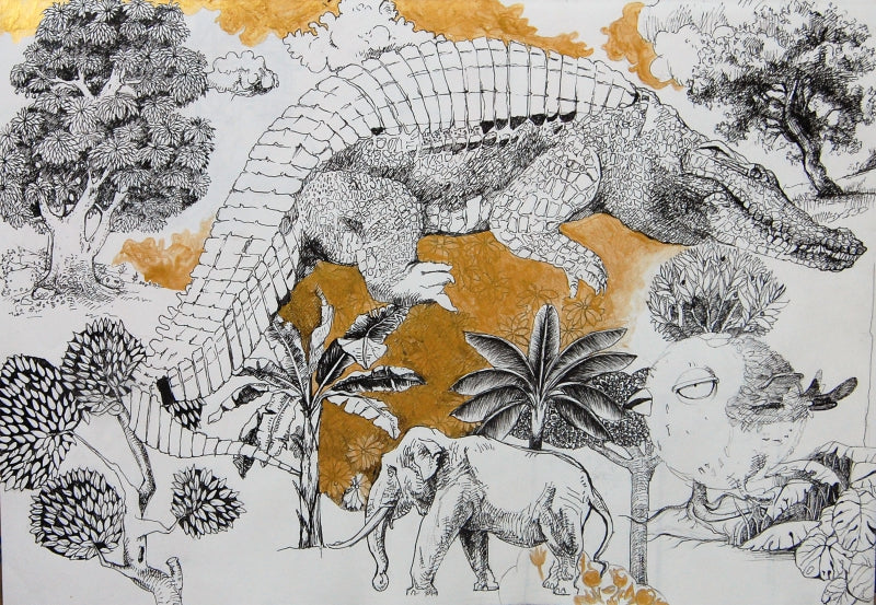 Dream Of The Jungle' contemporary pen drawing by artist Jasleen Singh, 12x17 inch, on archival paper