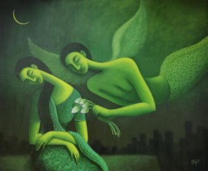 Dream Love 2 (Celestial Serenata) by Uttam Bhattacharya, Original Acrylic Figurative Painting on Canvas, Medium Horizontal Wall Art