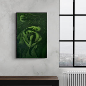 Preview of 'The Dream Lover' Painting by Uttam Bhattacharya shown on a wall in a furnished room.