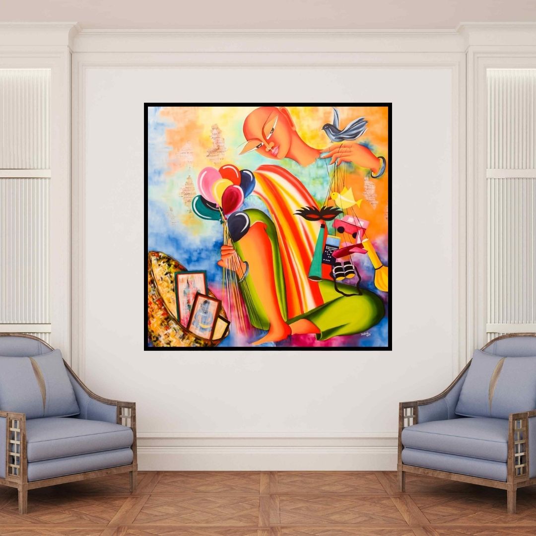 In-situ view of Deepali Mundra's 'Dream Merchant (The Purveyor of Dreams)' painting in a room