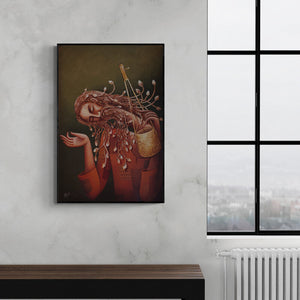 Uttam Bhattacharya's 'Dream Mystic (Untitled)' Painting visualized above a sofa in a contemporary room