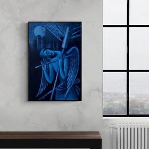 Preview of 'The Dream Seller 1 (Abstract in Sepia)' Painting by Uttam Bhattacharya shown on a wall in a furnished room.