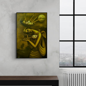 Preview of 'The Dream Seller 2' Painting by Uttam Bhattacharya shown on a wall in a furnished room.