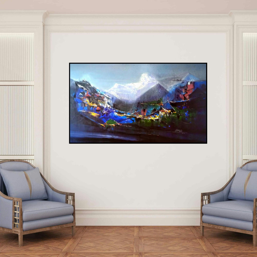'Dream Village 2' painting by Dnyaneshwar Dhavale shown on a wall in a furnished room.