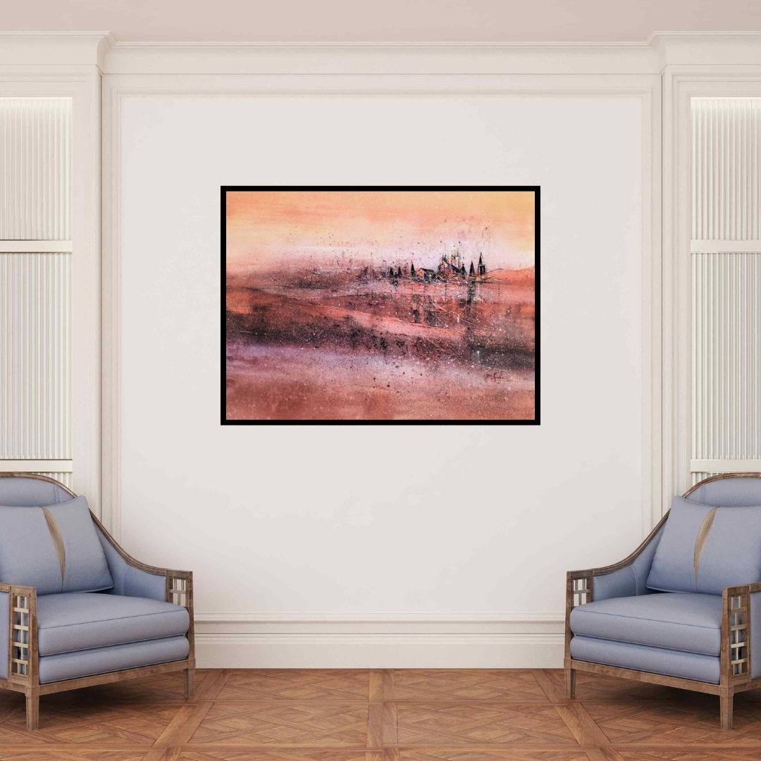 In-situ view of Dnyaneshwar Dhavale's 'Dream Village 3 (Mirage)' painting in a room