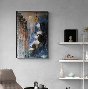 In-situ view of Arabinda Samanta's 'Dream Vs Reality (Urban Reverie)' painting in a room