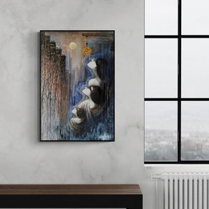 Arabinda Samanta's 'Dream Vs Reality (Urban Reverie)' Painting visualized above a sofa in a contemporary room