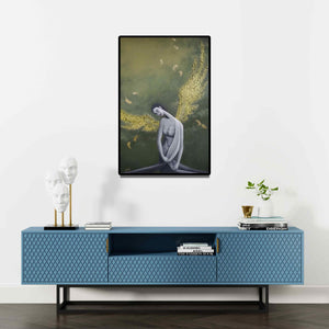 Preview of 'Dream Wings' Painting by Uttam Bhattacharya shown on a wall in a furnished room.