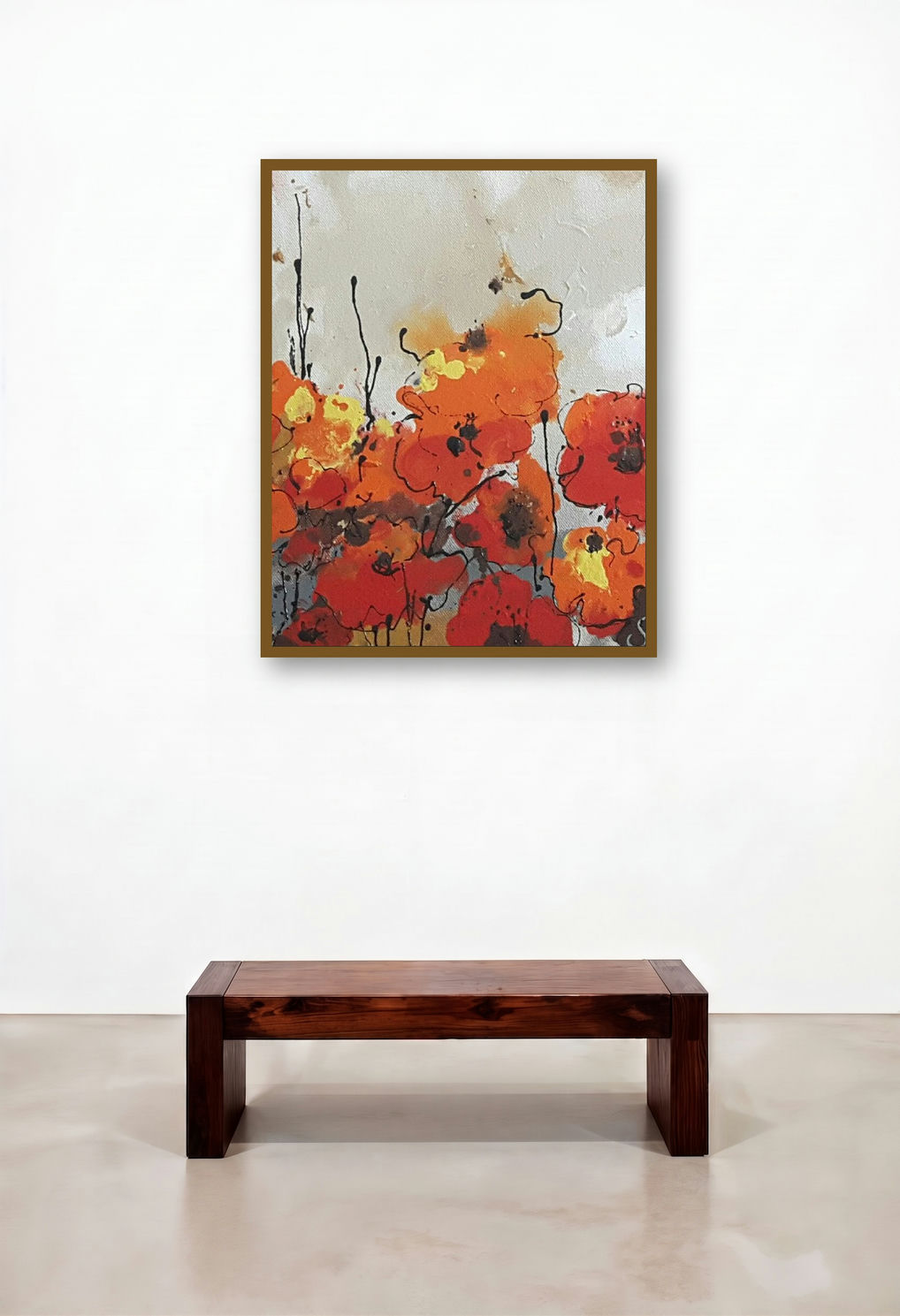 Dreamcatcher 1 12 X 12 (Abstract Poppy Field) by artist Surbhi Soni displayed in a Rustic Hotel Suite