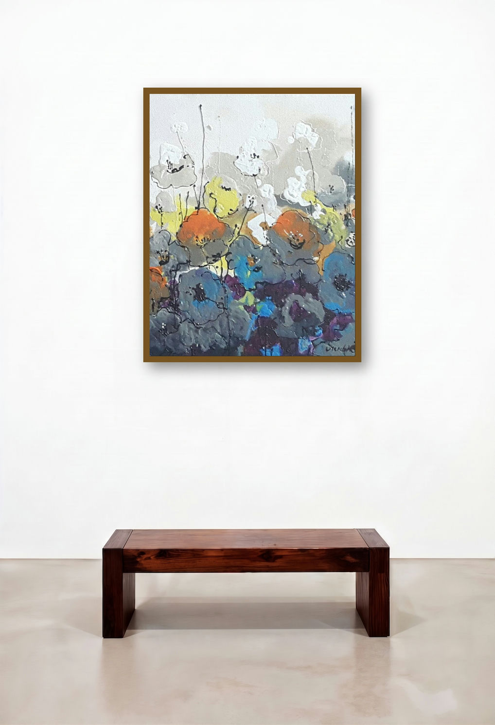 Dreamcatcher 12 X 12 (Abstract Floral Painting) by artist Surbhi Soni displayed in a Rustic Penthouse
