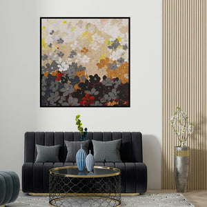 Surbhi Soni's 'Dreamcatcher 3 X 3 (Abstract Floral Painting in White and Grey)' painting visualized above a sofa in a contemporary room.
