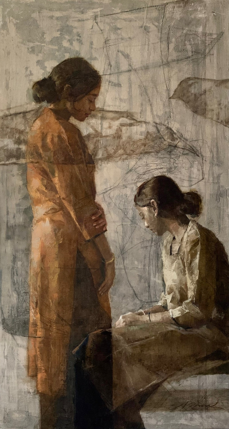 The Dreamer' figurative oil painting by artist Nilisha Phad, 48x26 inch, on canvas