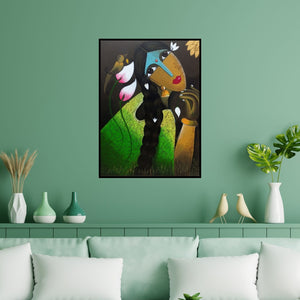 Preview of 'Dreaming Beauty Acrylics On Canvas 18X24' Painting by K P Sukanthi Kunuku Pochi Sukanthi shown on a wall in a furnished room.