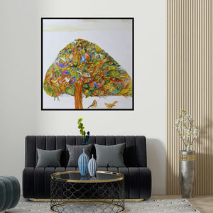 Shilpa Pachpor's 'The Dreaming Tree' painting visualized above a sofa in a contemporary room.