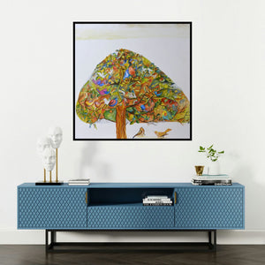 'The Dreaming Tree' painting by Shilpa Pachpor shown on a wall in a furnished room.