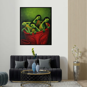 'Dreams (Boundless Togetherness)' painting by Uttam Bhattacharya shown on a wall in a furnished room.