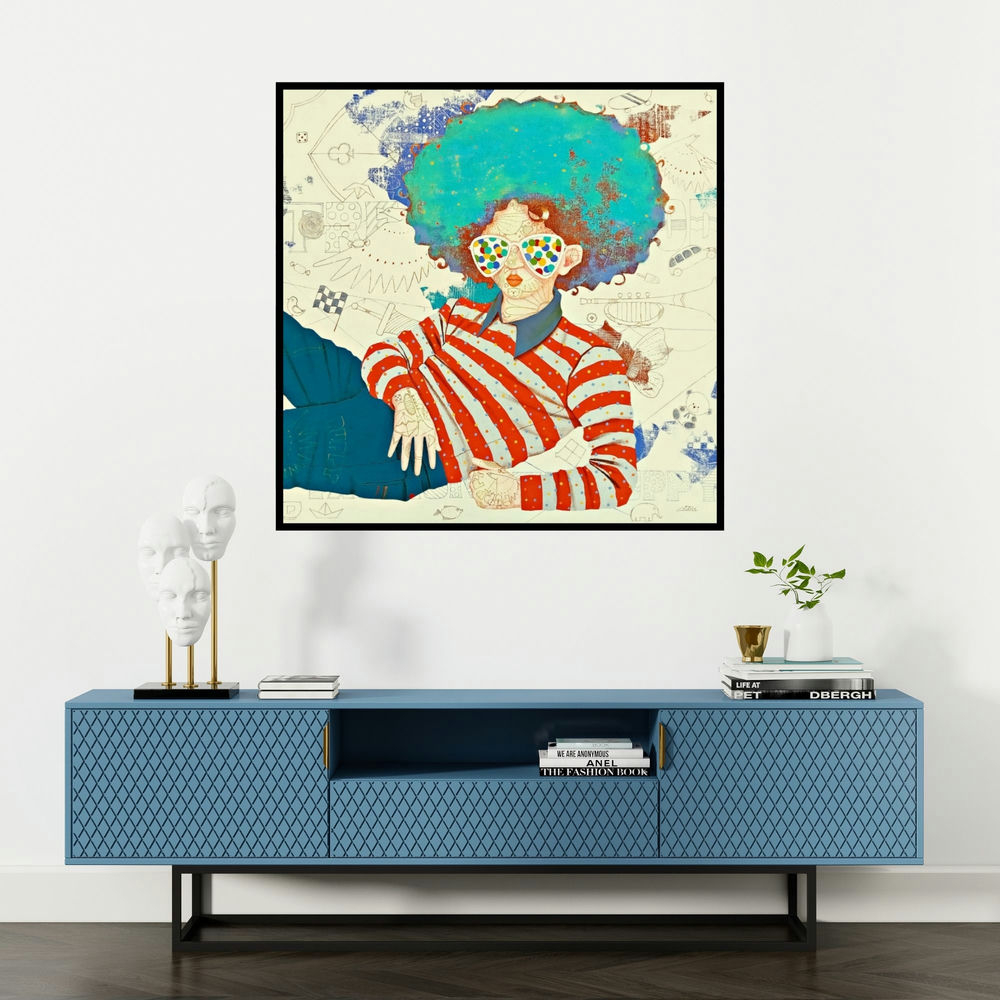 'Dreams Of Childhood 10 (Serene Kolkata Streetscape)' painting by Shiv Kumar Soni shown on a wall in a furnished room.