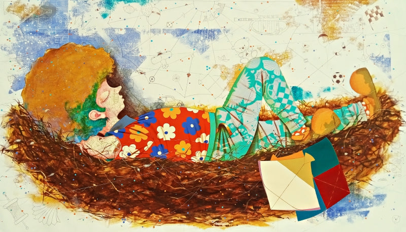 Dreams Of Childhood 11' figurative acrylic painting by artist Shiv Kumar Soni, 48x84 inch, on canvas
