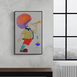 Preview of 'Dreams Of Childhood 8' Painting by Shiv Kumar Soni shown on a wall in a furnished room.