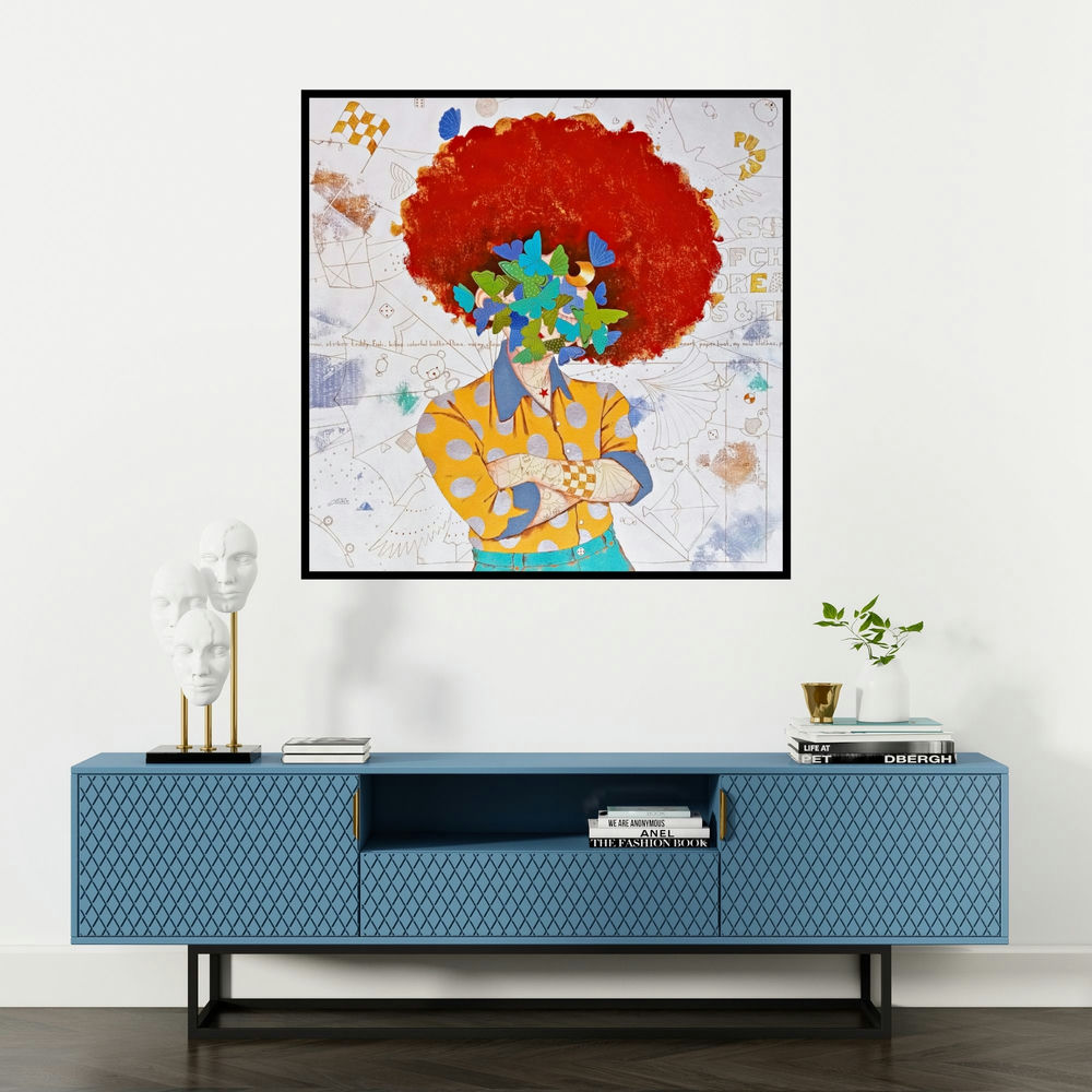 'Dreams Of Childhood Vii' painting by Shiv Kumar Soni shown on a wall in a furnished room.