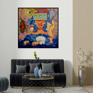 Deepali Mundra's 'Dreams & Desire' painting visualized above a sofa in a contemporary room.