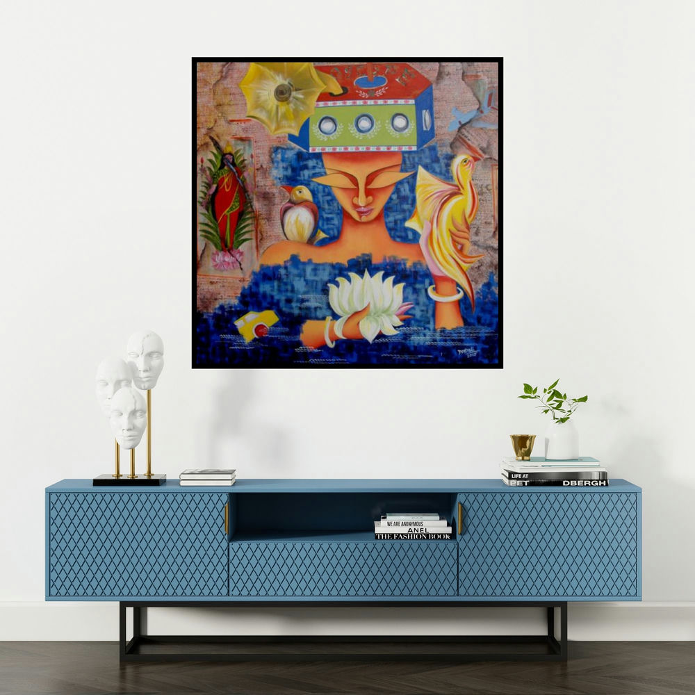 'Dreams & Desire' painting by Deepali Mundra shown on a wall in a furnished room.