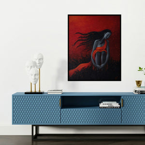 'Dreams Within' painting by Uttam Bhattacharya shown on a wall in a furnished room.
