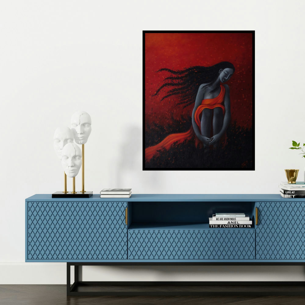 'Dreams Within' painting by Uttam Bhattacharya shown on a wall in a furnished room.