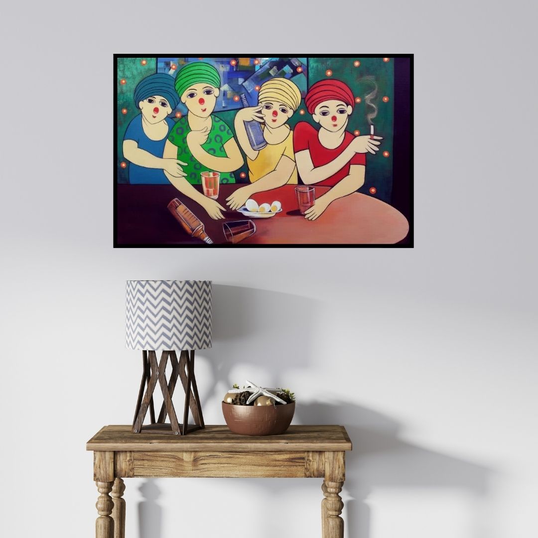 In-situ view of Dnyaneshwar Bembade's 'Drinker (Evening Revelry)' painting in a room