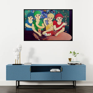 Preview of 'Drinker (Evening Revelry)' Painting by Dnyaneshwar Bembade shown on a wall in a furnished room.