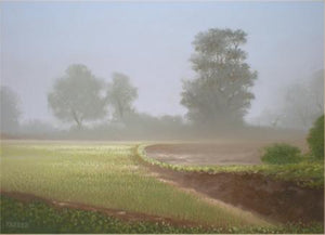 Drizzle by Fareed Ahmed, Original Oil Landscape Painting on Canvas Board, Small Horizontal Wall Art