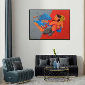 Prakash Pore's 'Dronagiri 2 (The Divine Strength)' painting visualized above a sofa in a contemporary room.