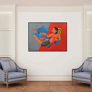 'Dronagiri 2 (The Divine Strength)' painting by Prakash Pore shown on a wall in a furnished room.